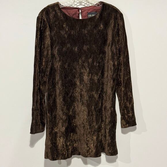 CitiDress Vtg Crinkle Velvet Tunic Top Chocolate Brown Velvet Size 10 Pullover - Picture 2 of 11